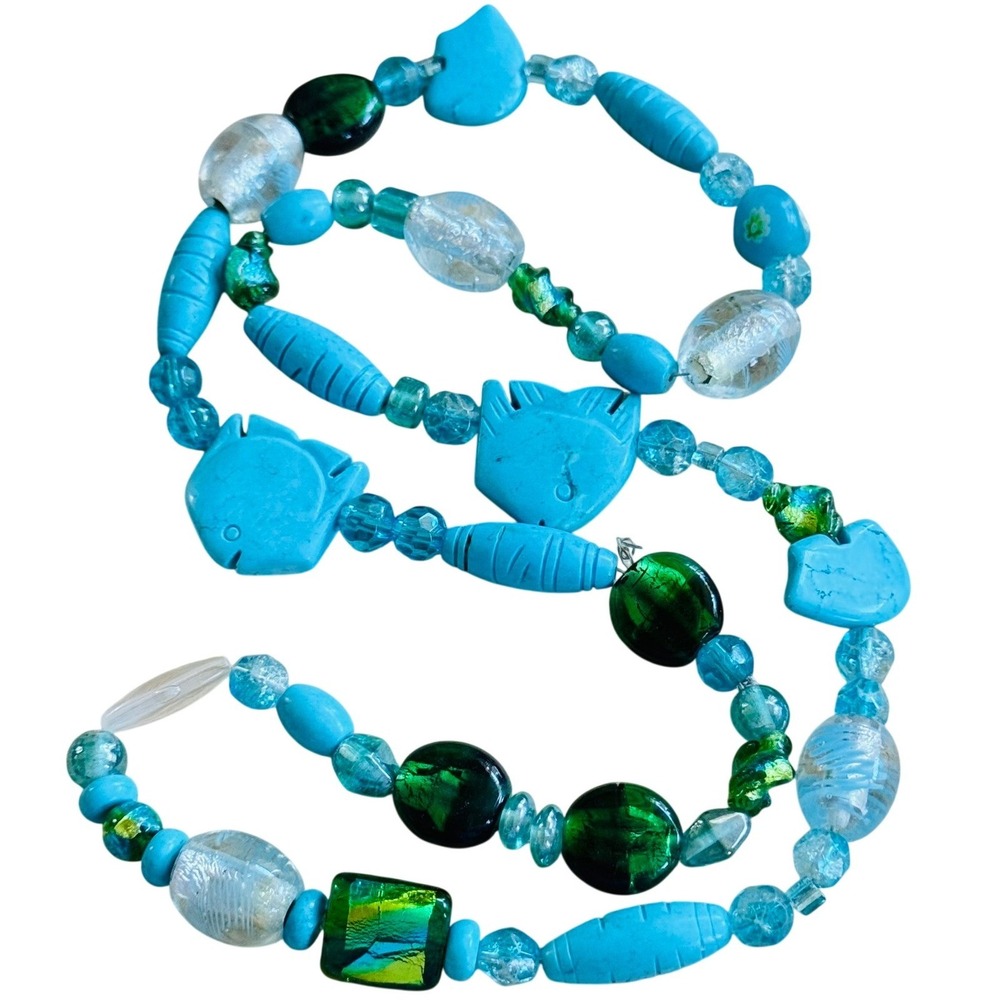 VTG Blue Beaded Estate Fish Necklace Retro Aqua Chunky Beads Foil Glass Howlite